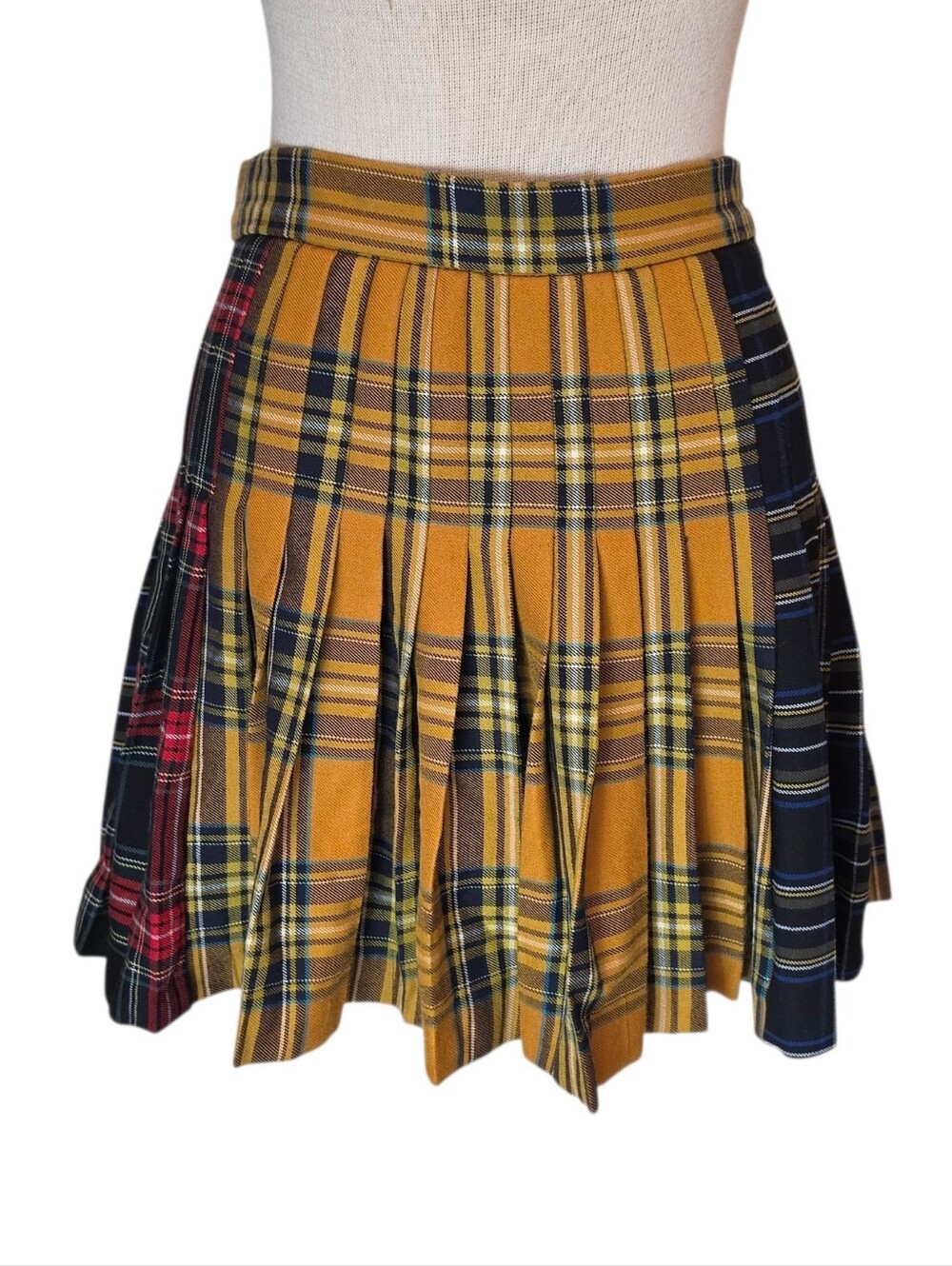 Y2K Plaid Pleated Mini Skirt Size S Tartan Color Block Mustard Yellow Red Black